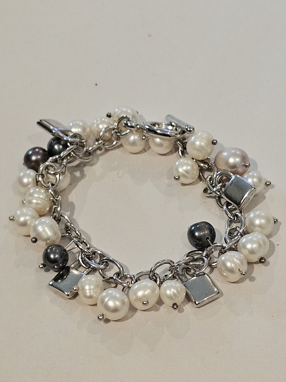 Freshwater Pearl & Square Link Dangle Statement Bracelet